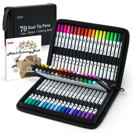 Shuttle Art Dual Tip Brush Pens Art Markers, 70 Colors Fine and Brush Dual Tip Markers Set in Portable Case with 1 Coloring Book for Kids Adult Shuttle Art