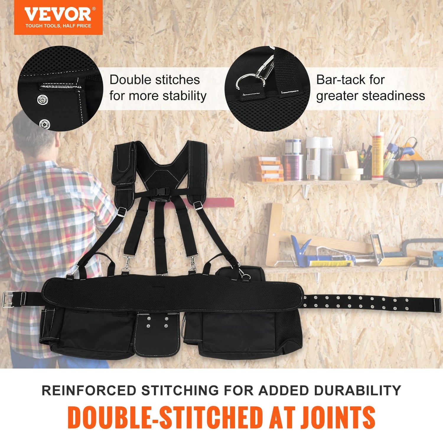 VEVOR Tool Belt with Suspenders, 29 Pockets, 29-54 inches Adjustable Waist Size, Tool Belts for Men, 600D Polyester Heavy Duty Carpenter Tool Pouch VEVOR