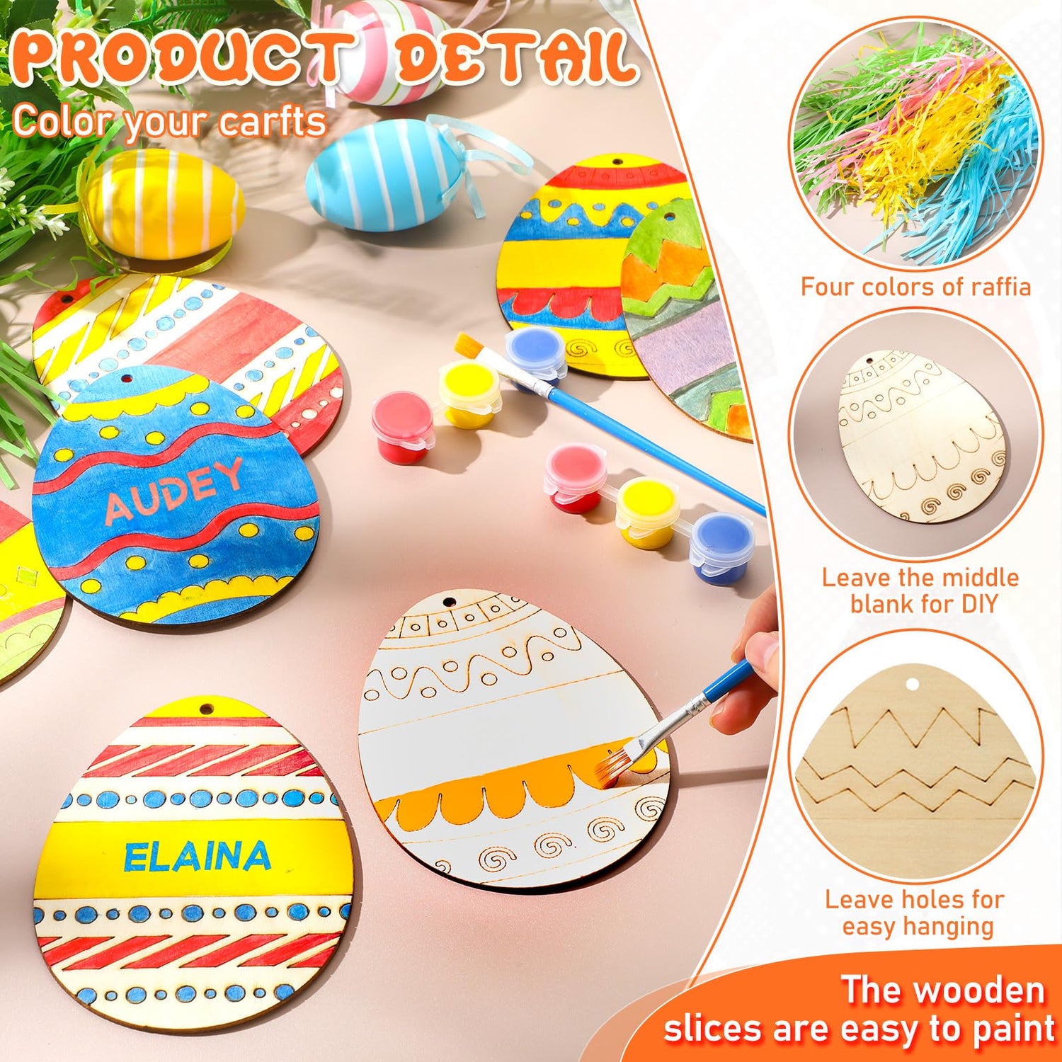 Foilswirl 30 Sets Wooden Easter Ornaments to Paint 5" DIY Unfinished Easter Egg Wood Cutouts with Grass Raffia Paper Shreds and Acrylic Paints with Foilswirl