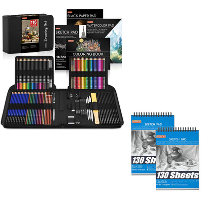 Shuttle Art Drawing Kit and Sketch Pad Bundle, Set of 116 Pack Complete Drawing Kit +260 Sheets Sketch Pad