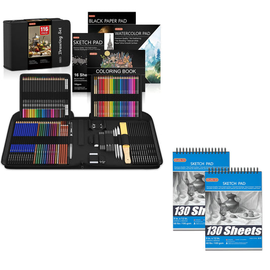 Shuttle Art Drawing Kit and Sketch Pad Bundle, Set of 116 Pack Complete Drawing Kit +260 Sheets Sketch Pad - WoodArtSupply