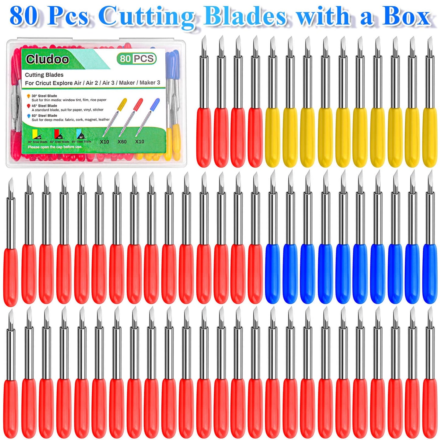 Cludoo 80PCS Replacement Blades for Cricut Blades for Explore Air 2/Air 3/Maker/Maker 3/Expression, 60PCS 45° Standard Blades, 10 PCS 30° Fine Point - WoodArtSupply