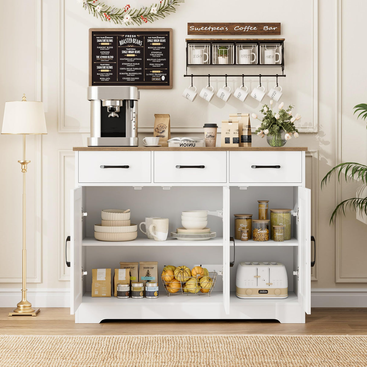 HOSTACK Modern Farmhouse Sideboard Buffet Cabinet, Barn Doors Buffet Storage Cabinet with Drawers and Shelves, Wood Coffee Bar Cabinet with Storage HOSTACK