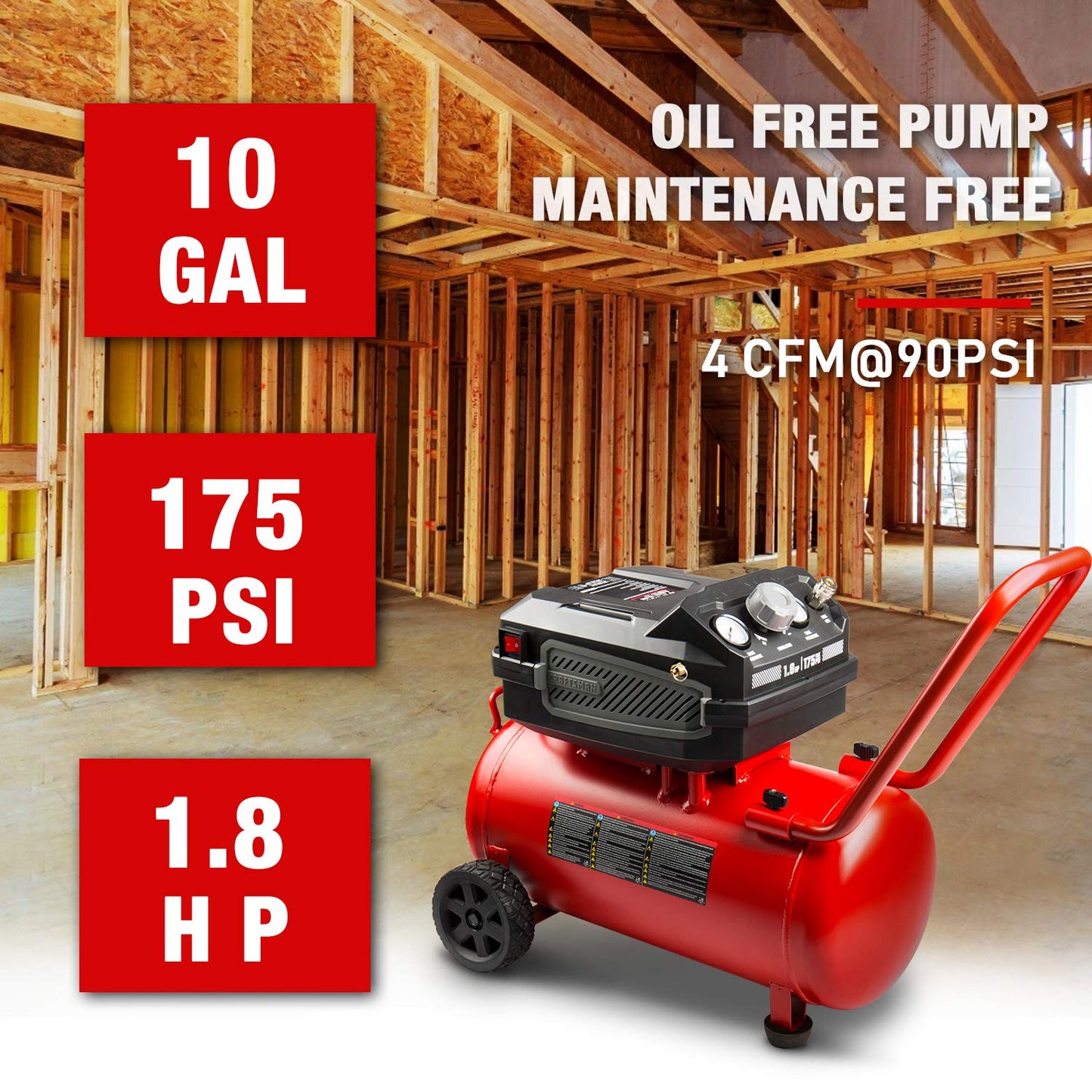 Craftsman Air Compressor, 10 Gallon 1.8 HP Max 175 PSI Pressure, Powerful and Portable Oil Free Compressor, Maintenance Free, for Home, Garage,