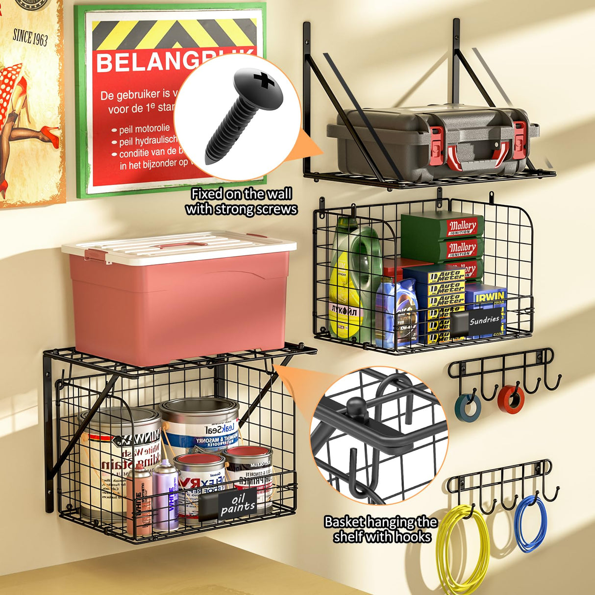 ThreeHio 2 Pack Garage Shelves Wall Mounted with Wire baskets, Heavy Duty Garage Wall Shelving with Hooks, Wire Shelf Baskets Tool Organizer for Home ThreeHio