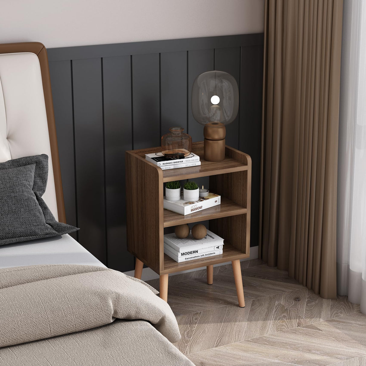 LUCKNOCK Nightstand, Mid-Century Modern Bedside Tables with Storage Shelf, Minimalist and Practical End Side Table, Fashion Bedroom Furniture, LUCKNOCK