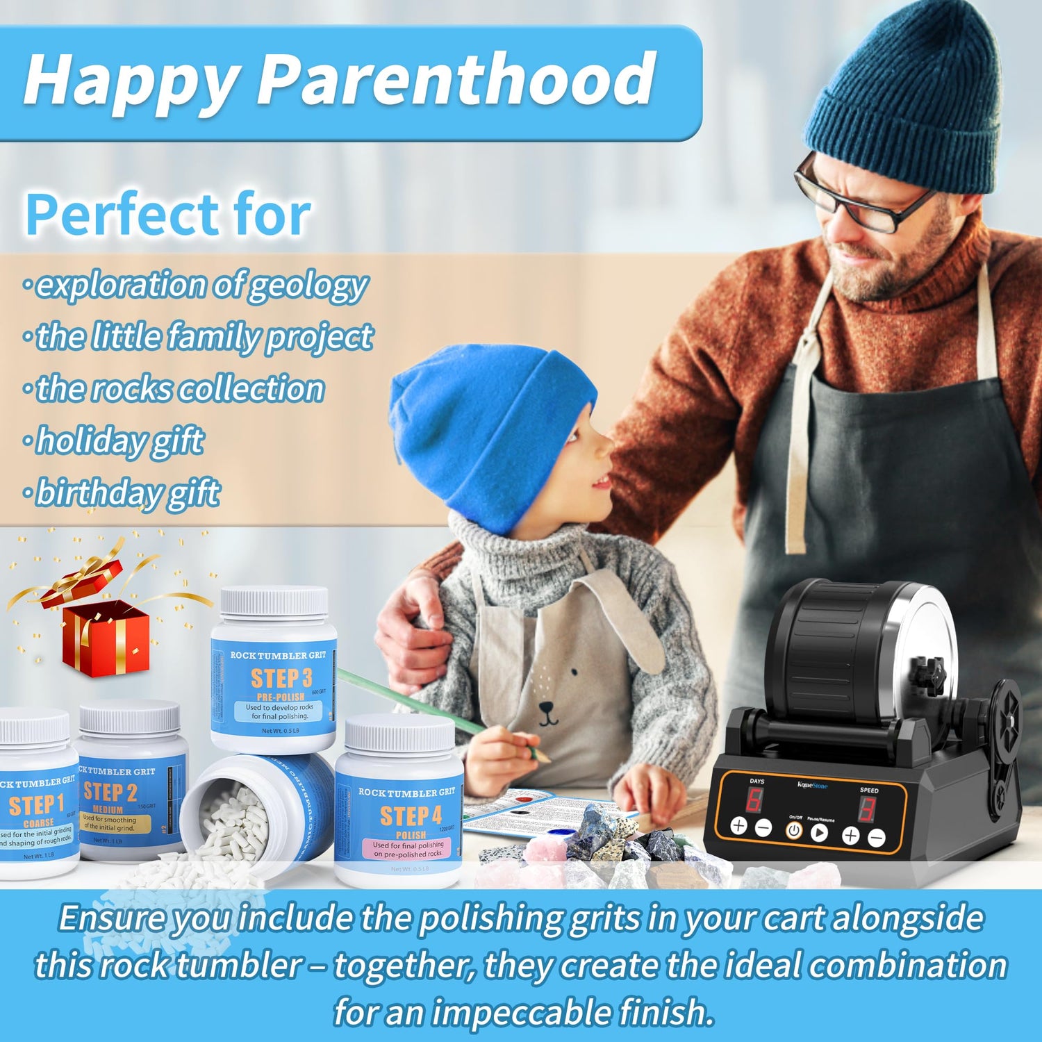 KomeStone Rock Tumbler Kit, K1 Professional Large 2.5LB Capacity Edition - Memory Function, Digital Timer & Variable Speeds: Create Stunning Gems KomeStone