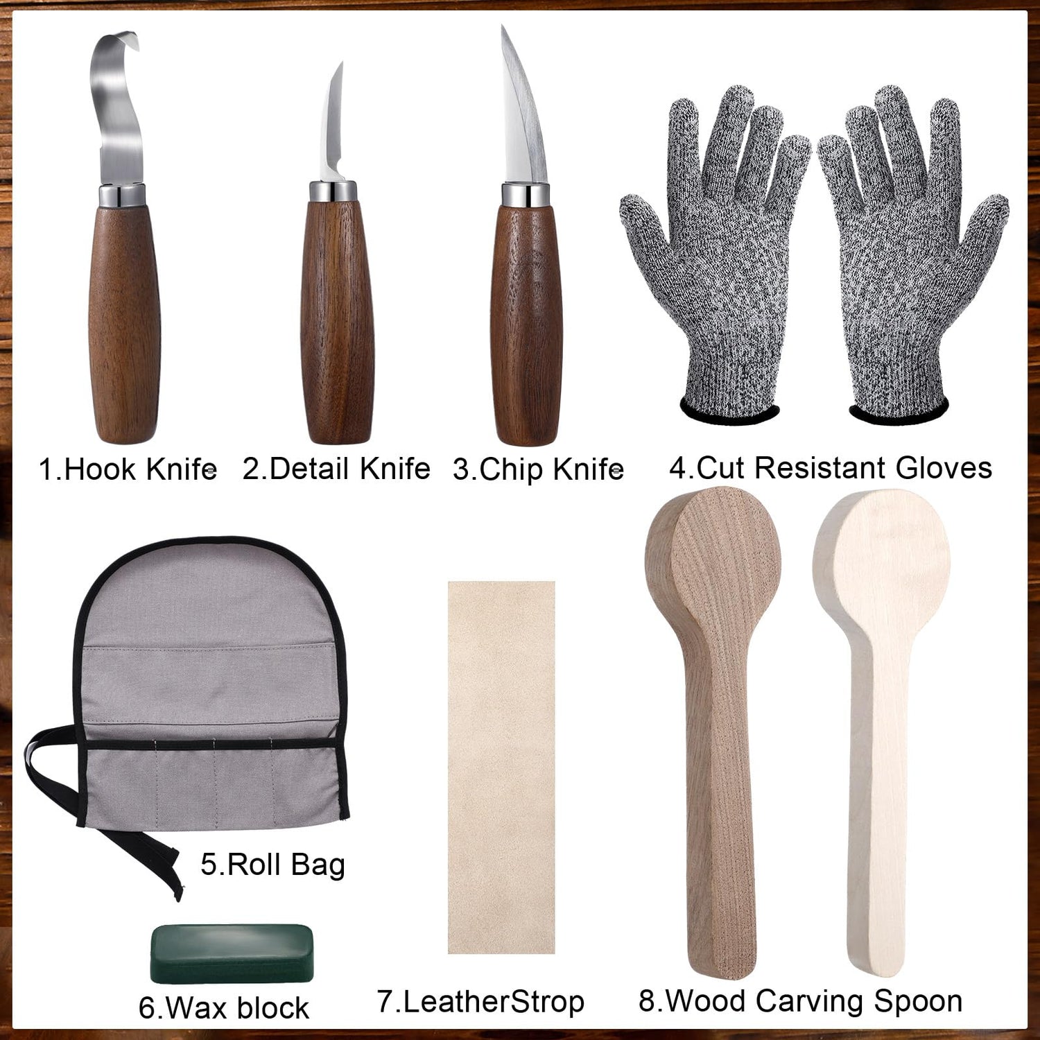 Gisafai 15 Pcs Spoon Carving Kit Wood Whittling Kit Includes 3 Wood Carving Knife 8 Wooden Spoon Blank and Gloves, Unfinished Wood Carving Spoon Kit Gisafai