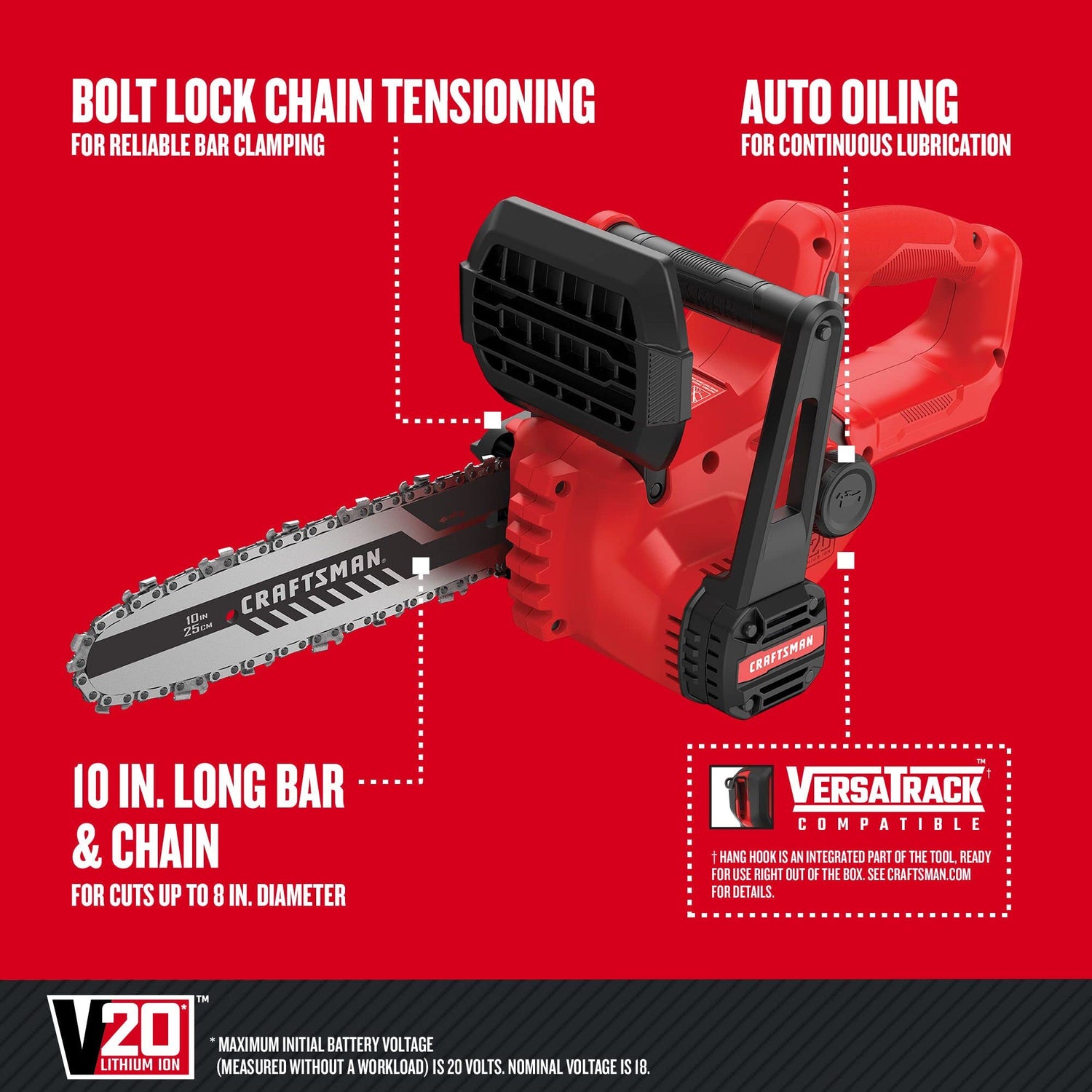 CRAFTSMAN V20 Mini Chainsaw, Cordless, 10 inch, Bare Tool Only (CMCCS610B) Craftsman