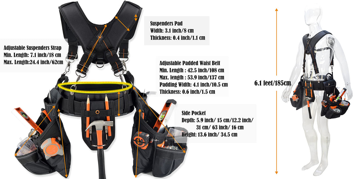 Tool belt with suspenders, Tool belt suspenders, Carpenter tool belt, Framers tool belt, Scaffold tool belt, Construction tool belt, Tool belt pouch, WELKINLAND