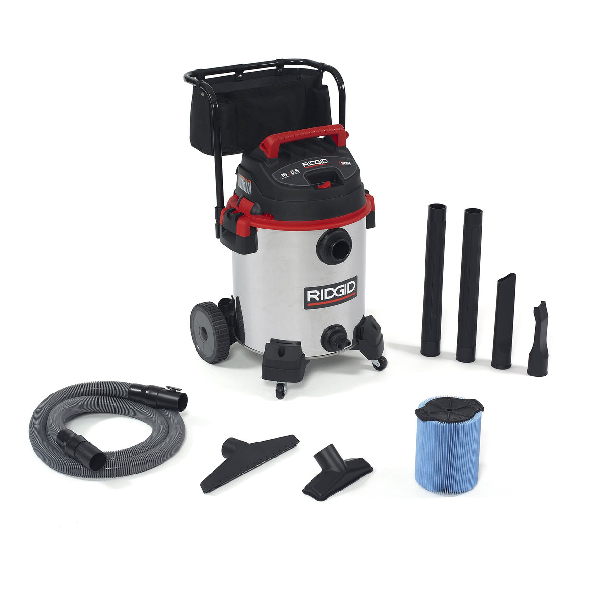 RIDGID 50353 1610RV Stainless Steel 16-Gal. Wet Dry Shop Vacuum with Cart, 6.5 Peak HP Motor, Large Wheels, Pro Hose, Drain, and Blower Port, Red RIDGID