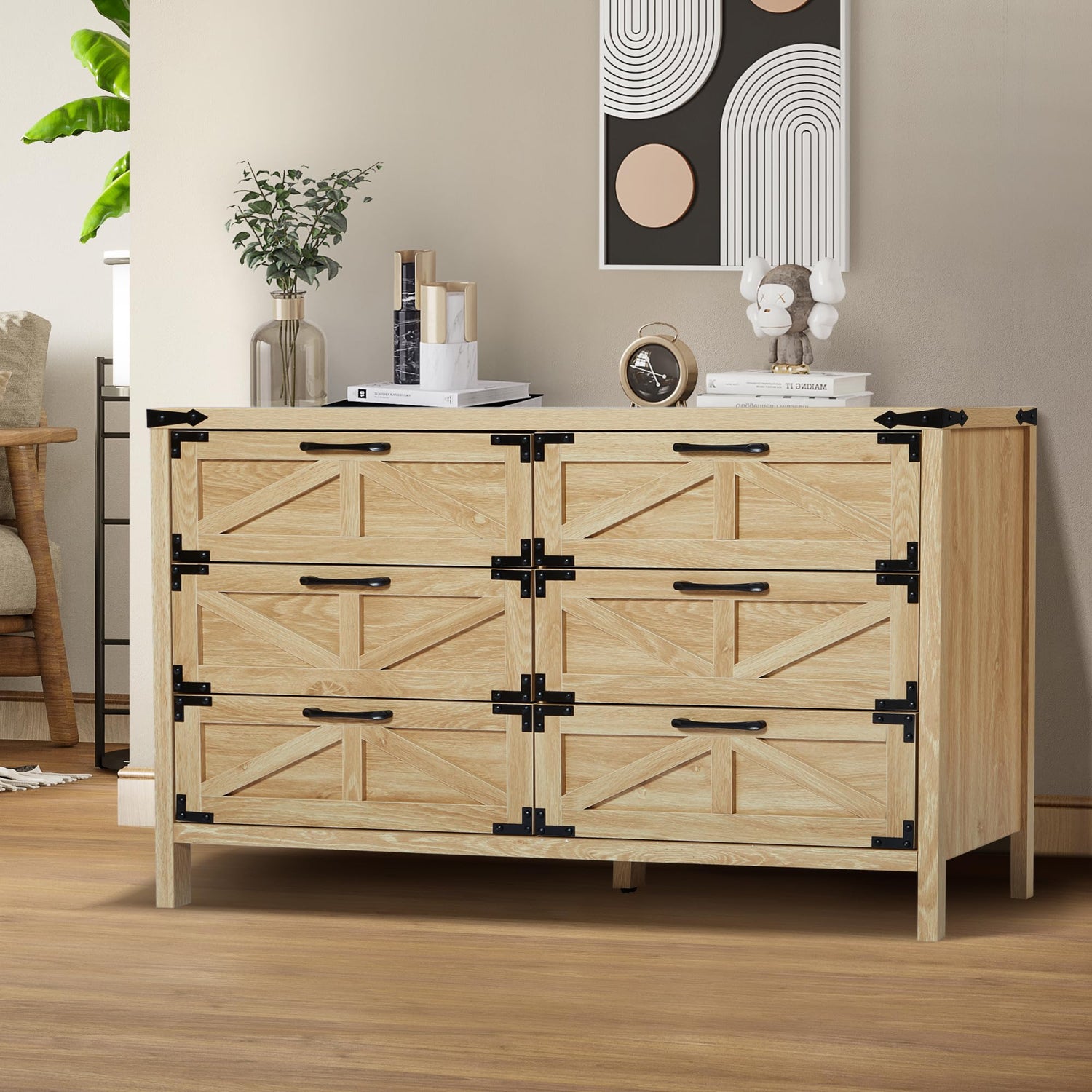 wirrytor Modern Farmhouse 6 Drawer Double Dresser for Bedroom, Wide Rustic Chest of Drawers, Wooden Dresser Chest Storage Organizer for Nursery, wirrytor