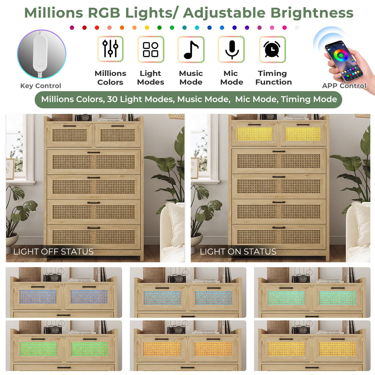 AOGLLATI 6 Drawer Dresser for Bedroom, Natural Rattan Wood Dressers with Led Light, Tall Dressers & Chests of Drawers, Bedroom Closet Dresser for AOGLLATI