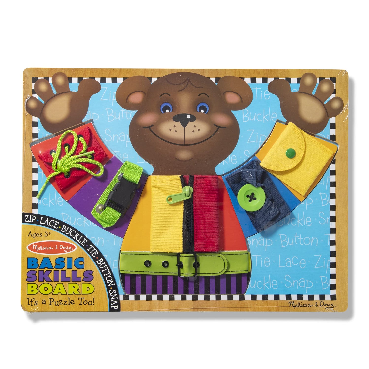 Melissa & Doug Basic Skills Puzzle Board - Wooden Educational Toy - Learn To Button Busy Board, Activity Board For Fine Motor Skills, Developmental Melissa & Doug