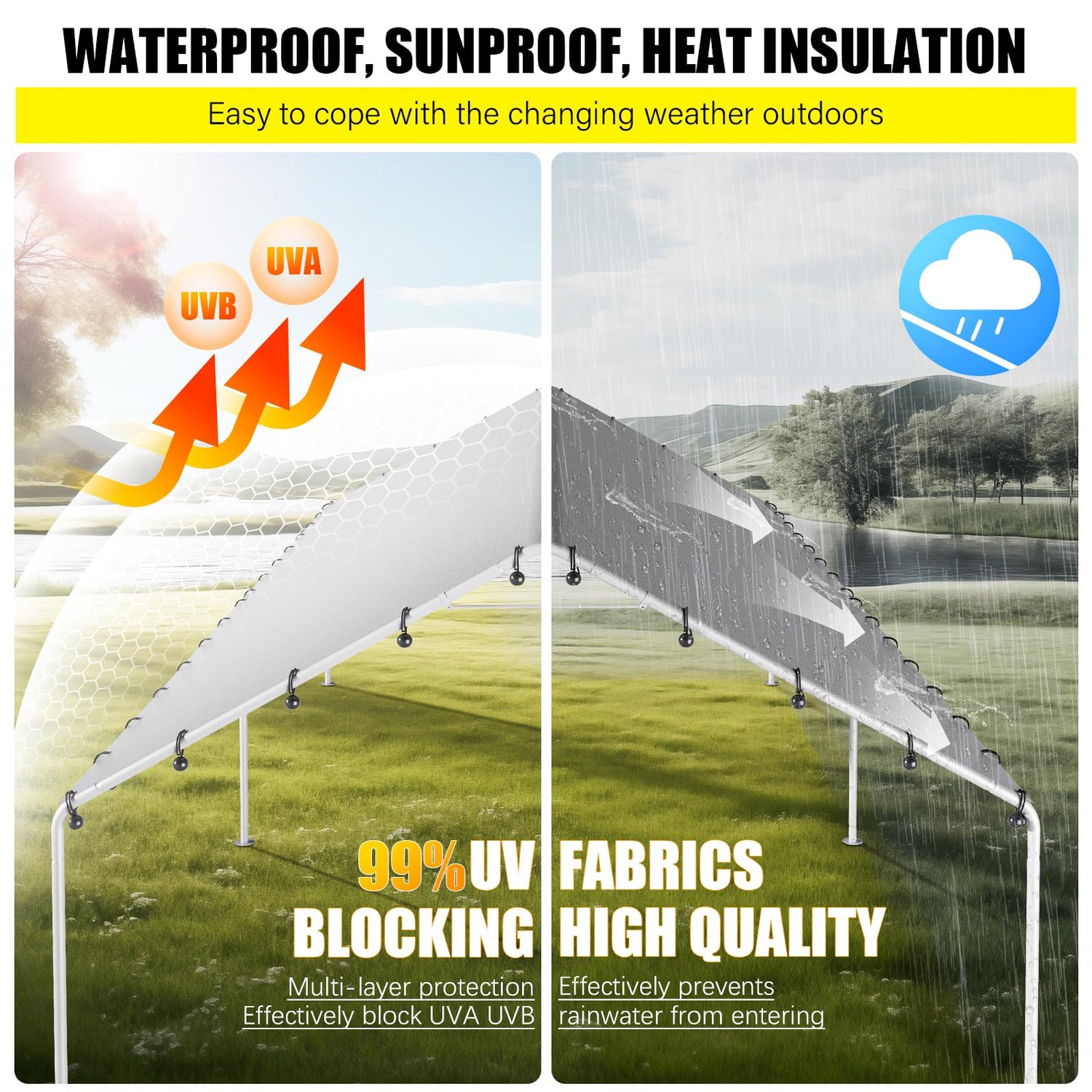 DWALE 10 x 20 Ft Carport,Replacement Canopy Cover Garage Top Tent Shelter Tarp,Grey with 48 Ball Bungee Cords Waterproof & UV Protected (Only Tarp DWALE