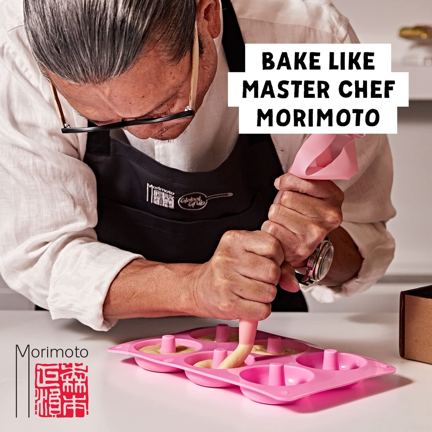 Global Grub DIY Morimoto Mochi Donut Kit - Includes Mochi Donut Mold, Piping Bag, Mochi Flour, Confectioners Sugar, Strawberry, Cocoa & Matcha Green Global Grub