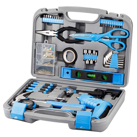 Cartman 149 Piece Tool Set General Household Hand Tool Kit with Cordless Screwdriver Blue CARTMAN