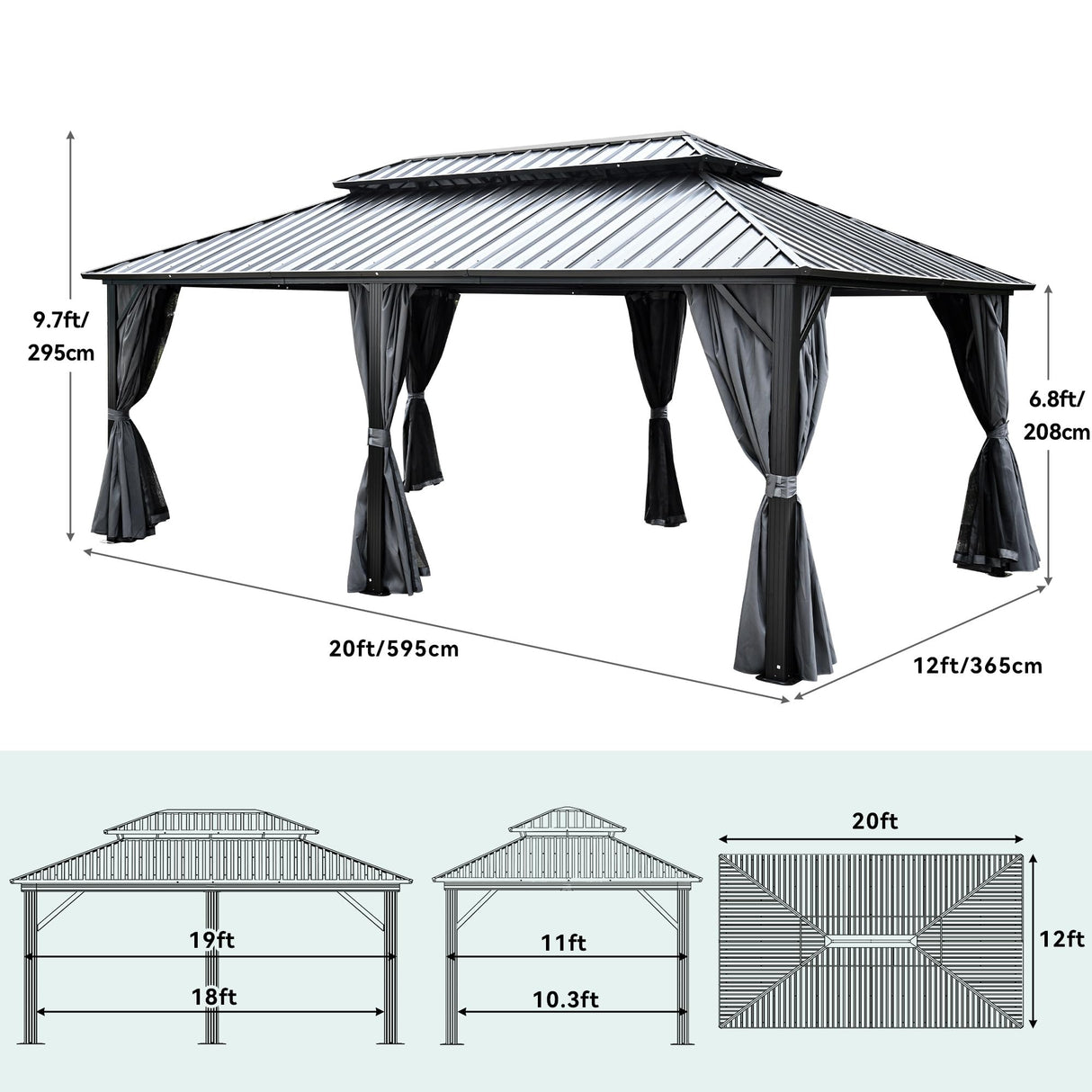 YITAHOME 12x20ft Hardtop Gazebo with Nettings and Curtains, Heavy Duty Double Roof Galvanized Steel Outdoor Combined of Vertical Stripes Roof for YITAHOME