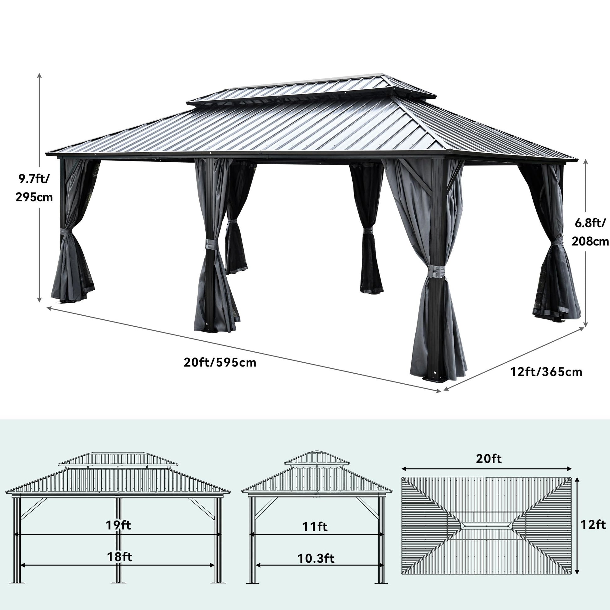 YITAHOME 12x20ft Hardtop Gazebo with Nettings and Curtains, Heavy Duty Double Roof Galvanized Steel Outdoor Combined of Vertical Stripes Roof for - WoodArtSupply