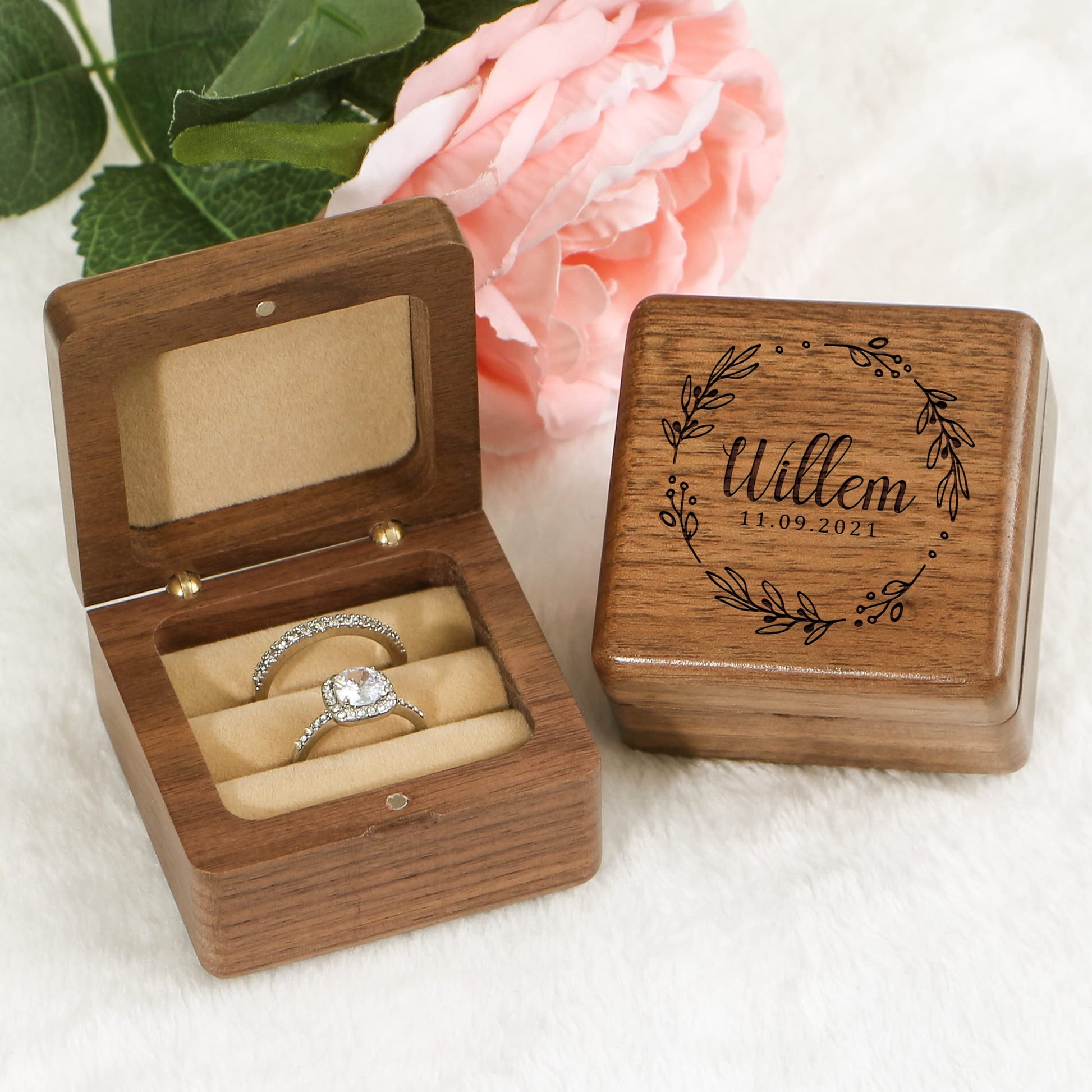 KWOOD Custom Wedding Ring Box, Wooden Ring Box, Square Double Ring Box, Engagement Ring Box, Ring Box Holder, Proposal Ring Box, Wedding Ring Box - WoodArtSupply