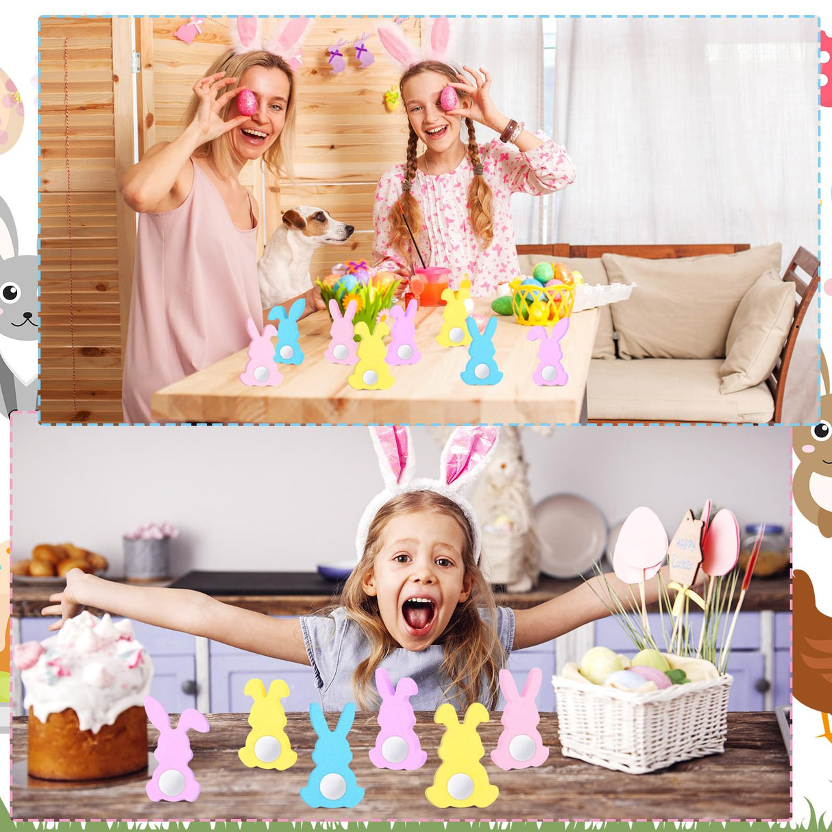 Menkxi 22 Pcs Easter Unfinished Wood Bunny Cutouts Bunny Table Wooden Signs Rabbit Blank Wooden Bunnies for Crafts with 22 White Felt Balls Pom Pom Menkxi