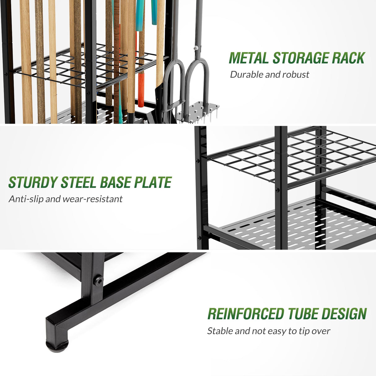 Sttoraboks Garden Tool Organizer with Storage Hooks, Yard Tool Tower Rack for Garage Organization and Storage, Up to 50 Tools, Heavy Duty Steel Sttoraboks
