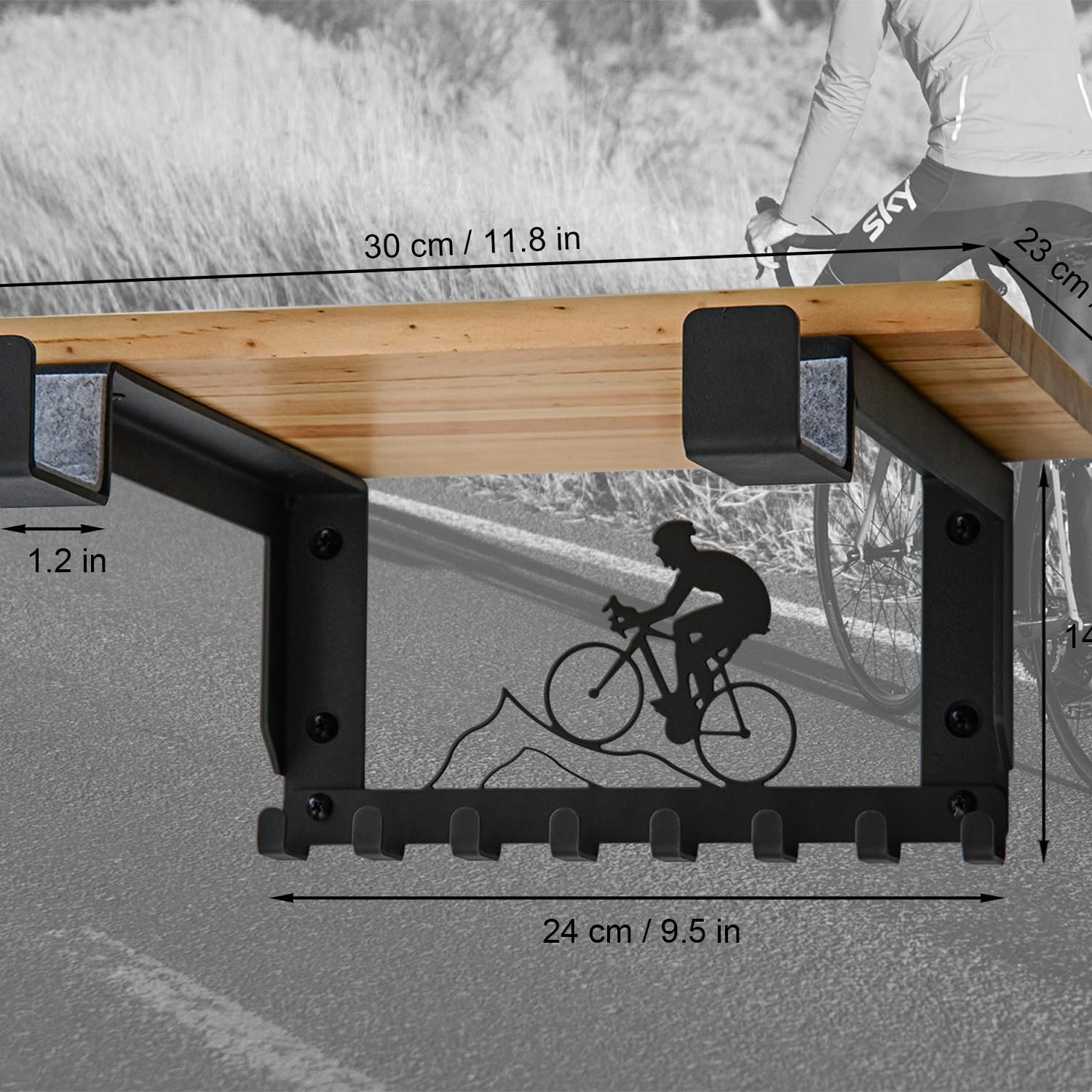 Bike Rack Wall Mount with Shelf and 8 Hooks Offer Horizontal Indoor Bike Storage for Sheds Garages. Wooden Bike Rack Bracket for Road, Mountain, wisnew