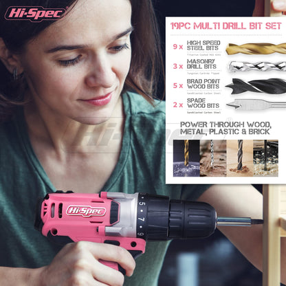 Hi-Spec 81pc Pink 18V Cordless Power Drill Driver. Complete Home & Garage Hand Tool Kit Set for DIY - WoodArtSupply