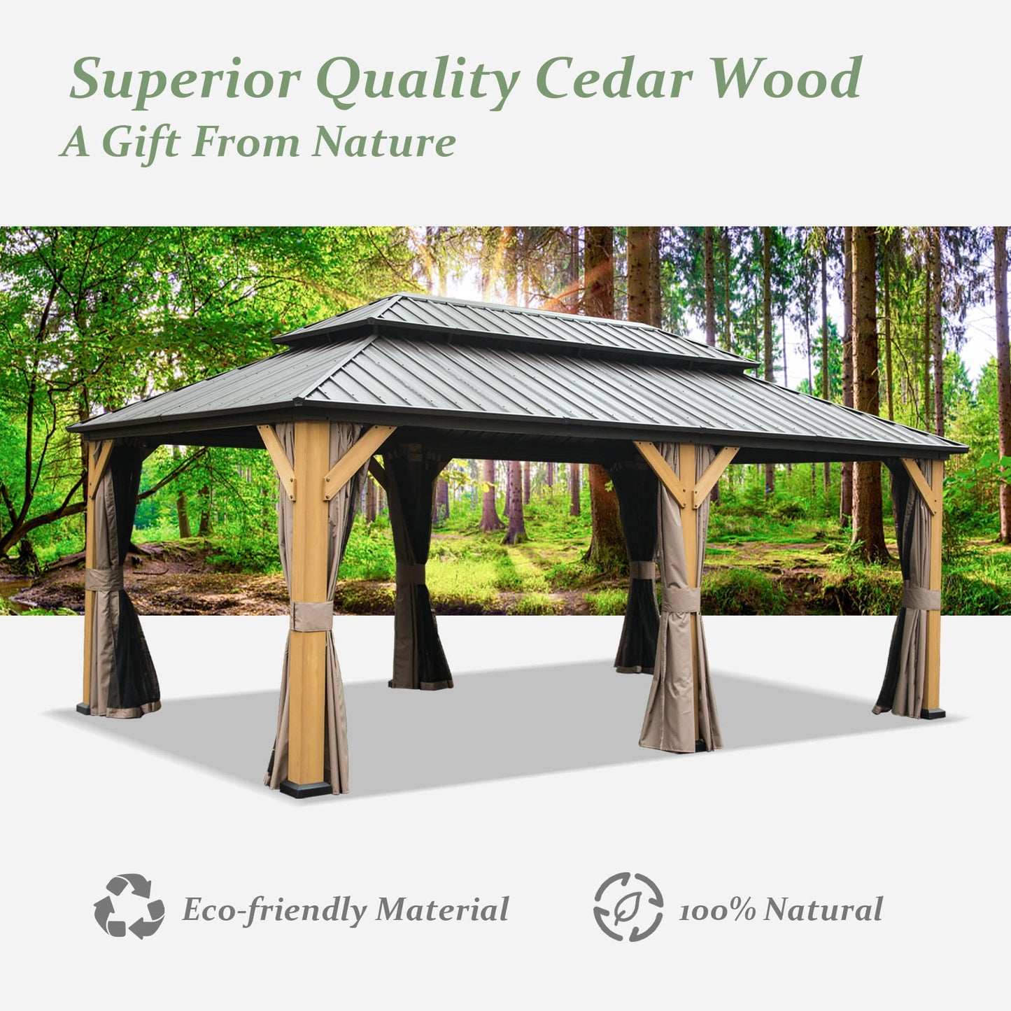 Domi 12x20 ft Wood Gazebo, Cedar Wood Frame Hardtop Gazebo with Galvanized Steel Double Roof, Outdoor Gazebo with Netting and Curtains, Patio Gazebo - WoodArtSupply