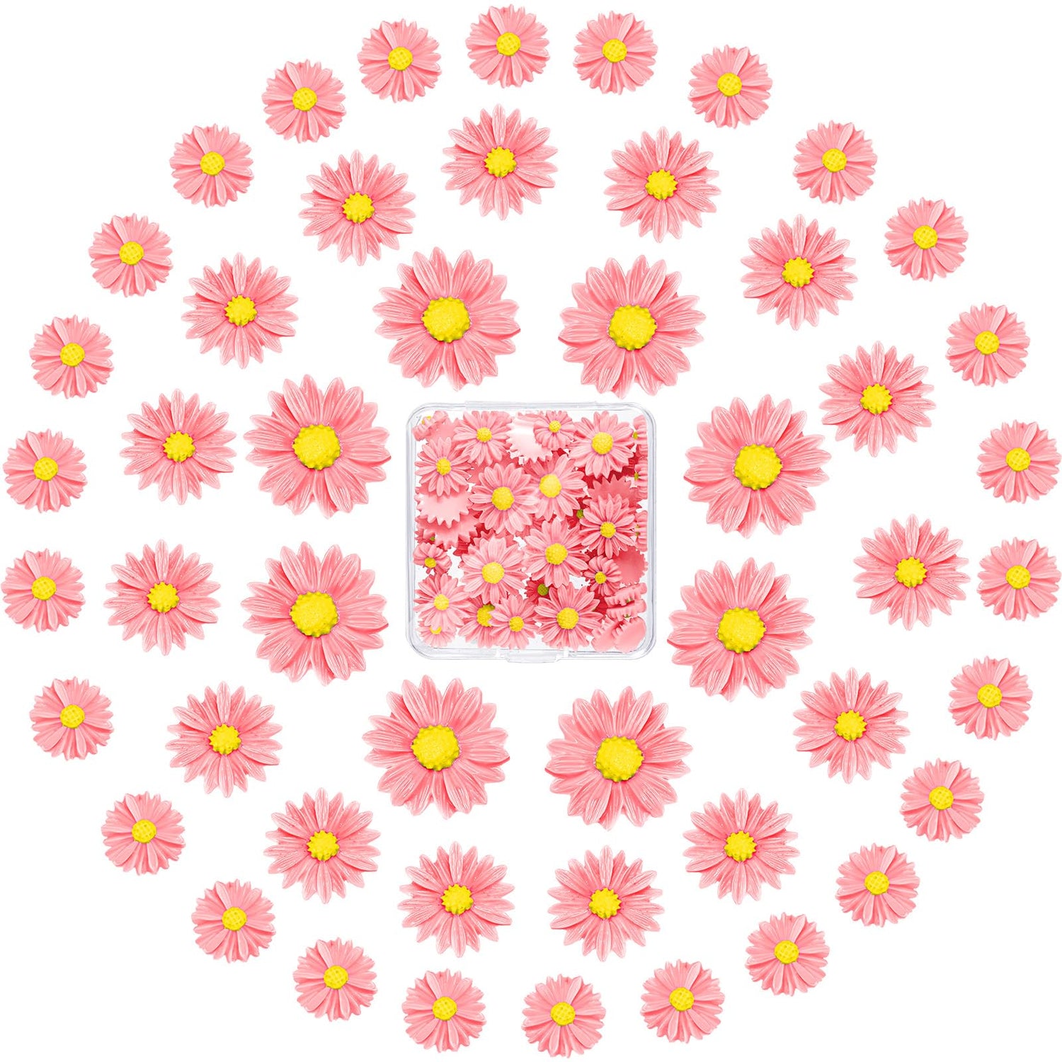 50 Pieces Flatback Resin Daisy Flowers Daisy Flower Epoxy Charms Mini Decorated Daisies Artificial with Storage Box for DIY Craft Cloth Pen Box Home Hicarer