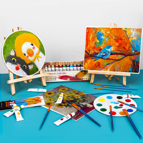 Acrylic Paint Canvas Set,104 Piece Professional Painting Supplies Kit with 4 Wood Easel,4 * 12Colors,4 * 10 Brushes,Circular Canvas Etc,Premium Paint ESRICH