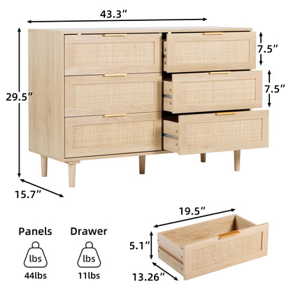 FUQARHY 6 Drawer Dresser Rattan Dresser Modern Chest with Drawers,Wood Storage Closet Dressers Chest of Drawers for Bedroom,Living Room,Hallway - WoodArtSupply