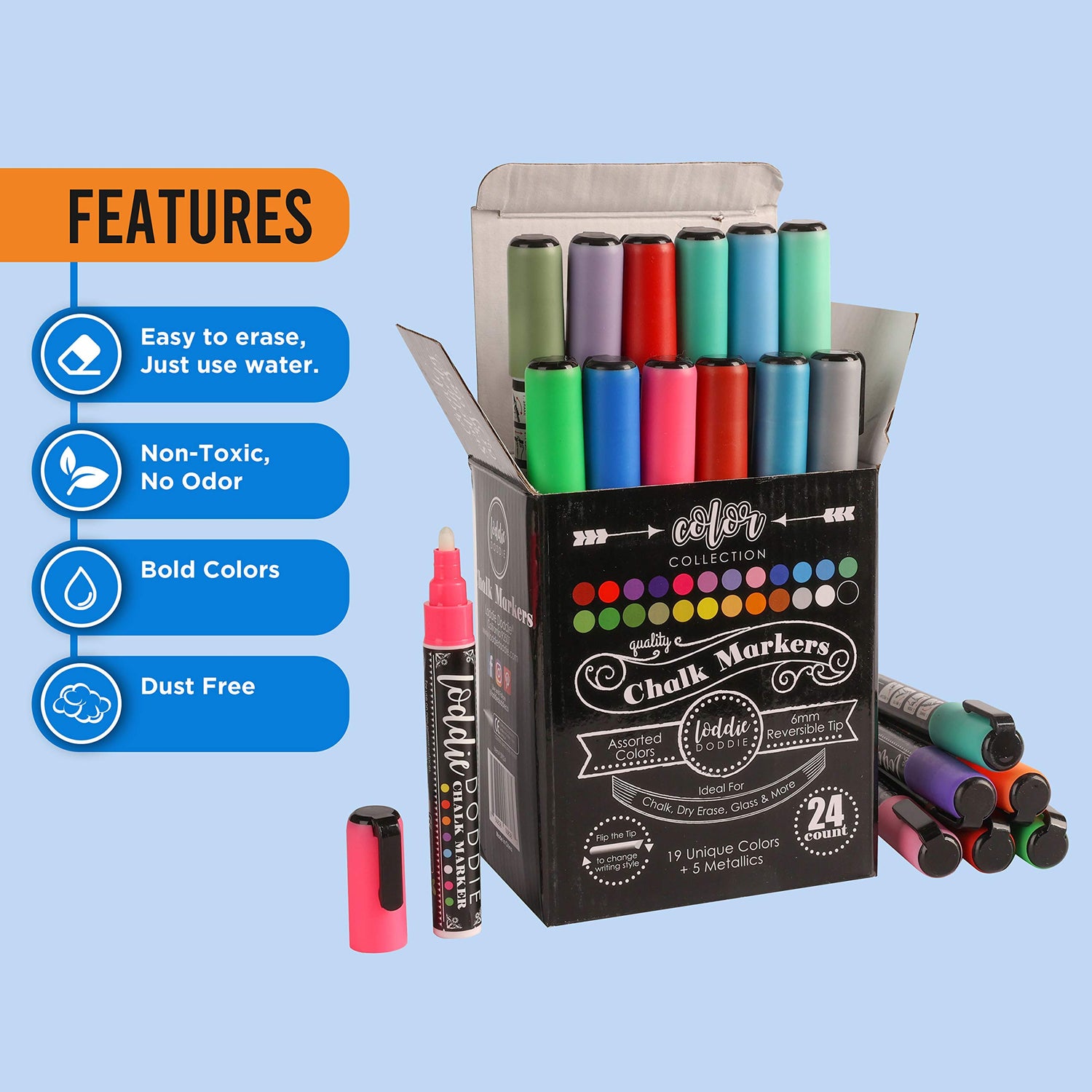 Loddie Doddie Liquid Chalk Markers | Dust Free Chalk Pens - Perfect for Chalkboards, Blackboards, Windows and Glass | 6mm Reversible Bullet & Chisel Loddie Doddie