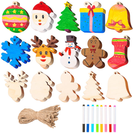 JOYIN 100 Pcs Christmas Wooden Hanging Ornaments with 8 Colored Pens, Unfinished Wood Ornaments Bulk for Kids Make Your Own Craft, Coloring Ornament JOYIN