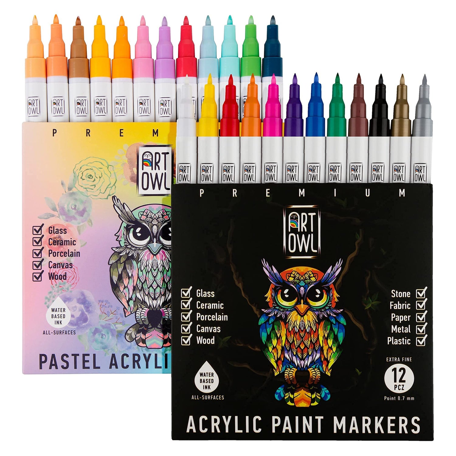 Art Owl 12 Basic Paint Pens Extra Fine Tip and 12 Acrylic Pastel Paint Markers Extra Fine Tip, Bundle for Rock Painting, Stone, Ceramic, Glass, Wood Art Owl