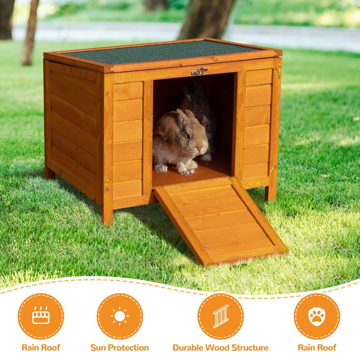 Wooden Rabbit Hutch,Elevated Bunny Cage, Cat House, Pet Box with Green Roof, Small Animal Home Sandinrayli