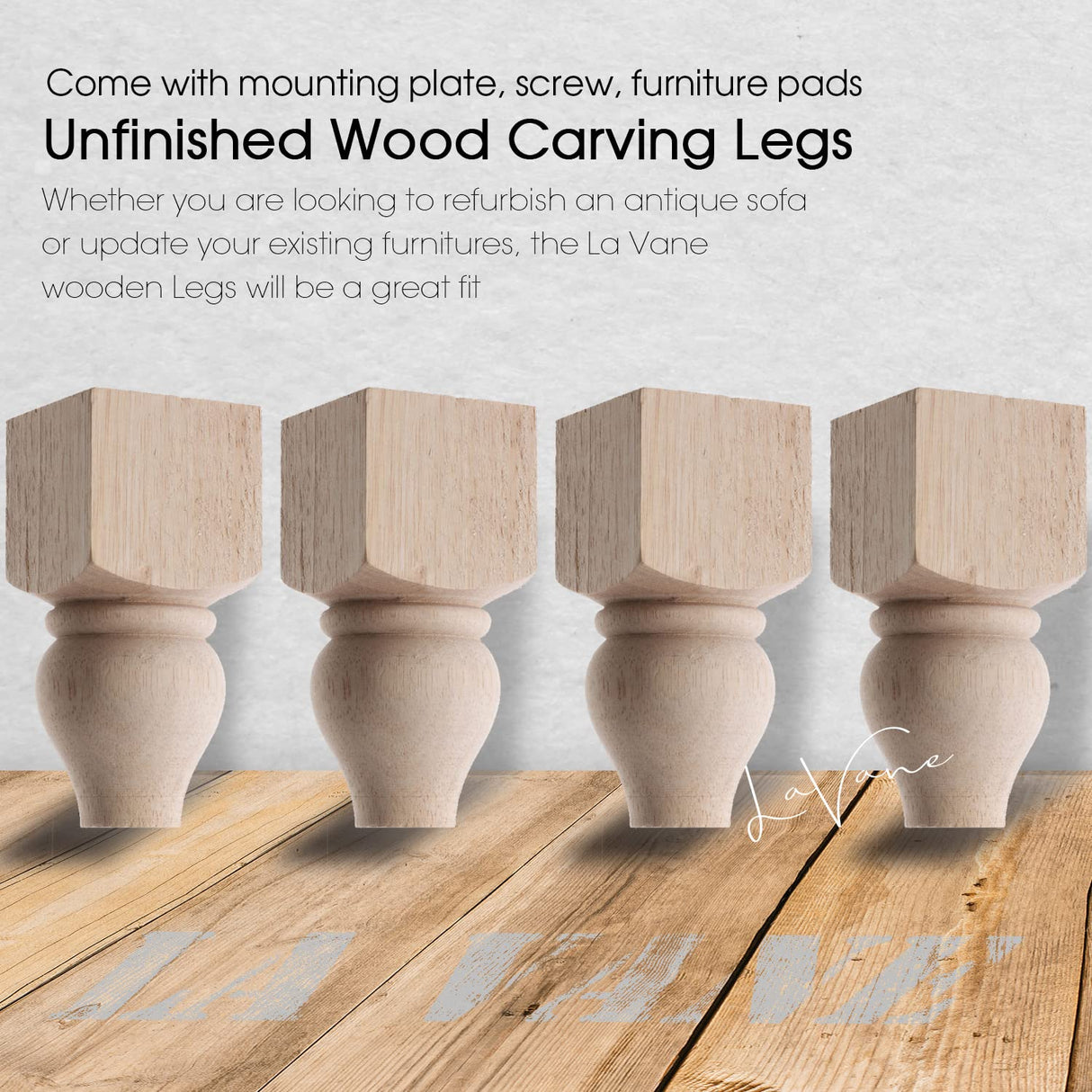 La Vane 5 inch / 12cm Wooden Furniture Legs, Set of 4 Solid Wood Carved Geometry Unfinished Replacement Bun Feet with Mounting Plate & Screws for La Vane