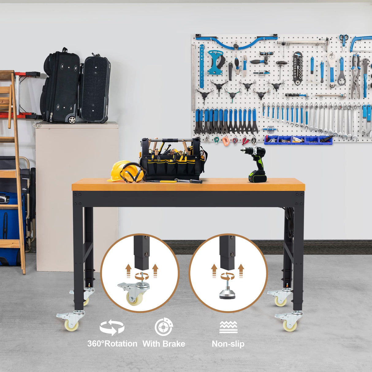 HABUTWAY Height Adjustable Workbench with Wheels 48" x 24" 2000 Lbs Capacity Oak Board Work Station Heavy-Duty Rolling Work Benches for Garage Party HABUTWAY