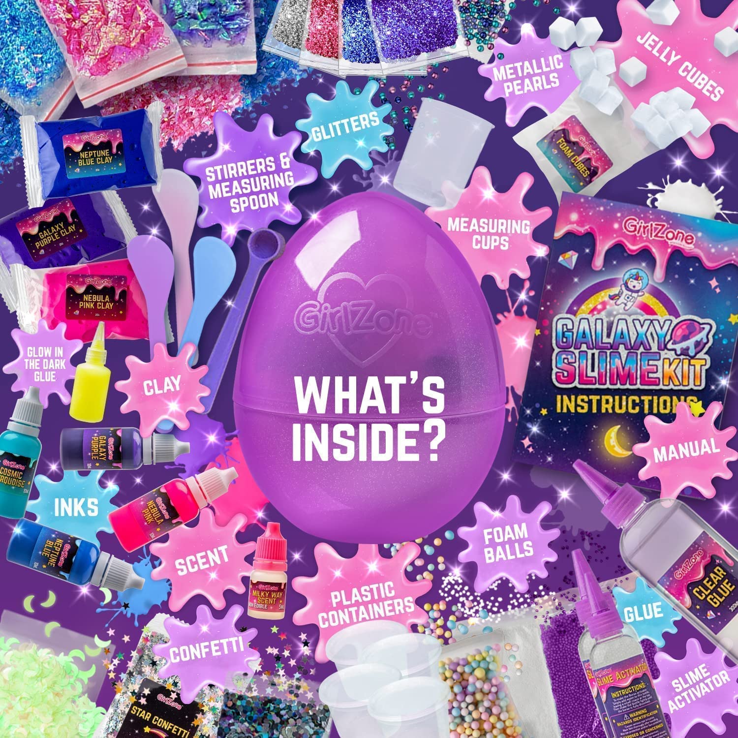 GirlZone Egg Surprise Galaxy Slime Kit for Girls, 41 Pieces to Make Glow in The Dark Slime, Slime with Glitter Add Ins, Christmas Gifts for Girls GirlZone