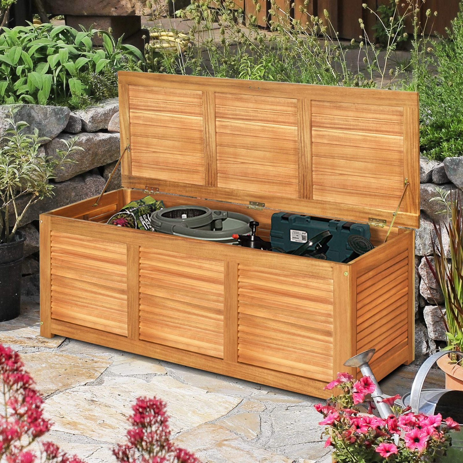 Tangkula 47 Gallon Acacia Wood Deck Box, Garden Backyard Storage Bench, Outdoor Storage Container for Patio Furniture Cushions and Gardening Tools Tangkula