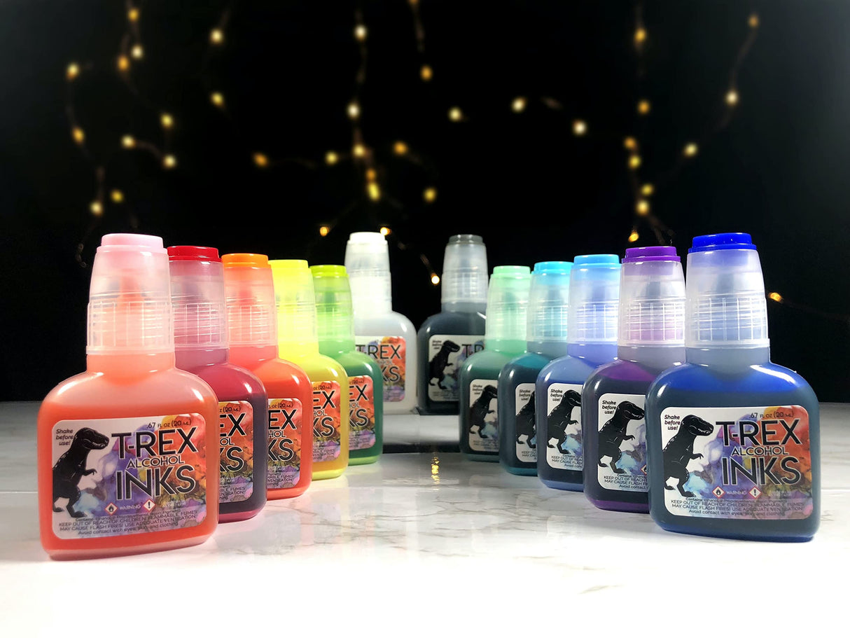 T-Rex Inks Starlight Shimmer Sparkling Alcohol Ink 12 Bottle Set - Glitter Alcohol Ink for Epoxy Resin Dye, Painting, Tumbler Making & More - T-Rex Alcohol Inks