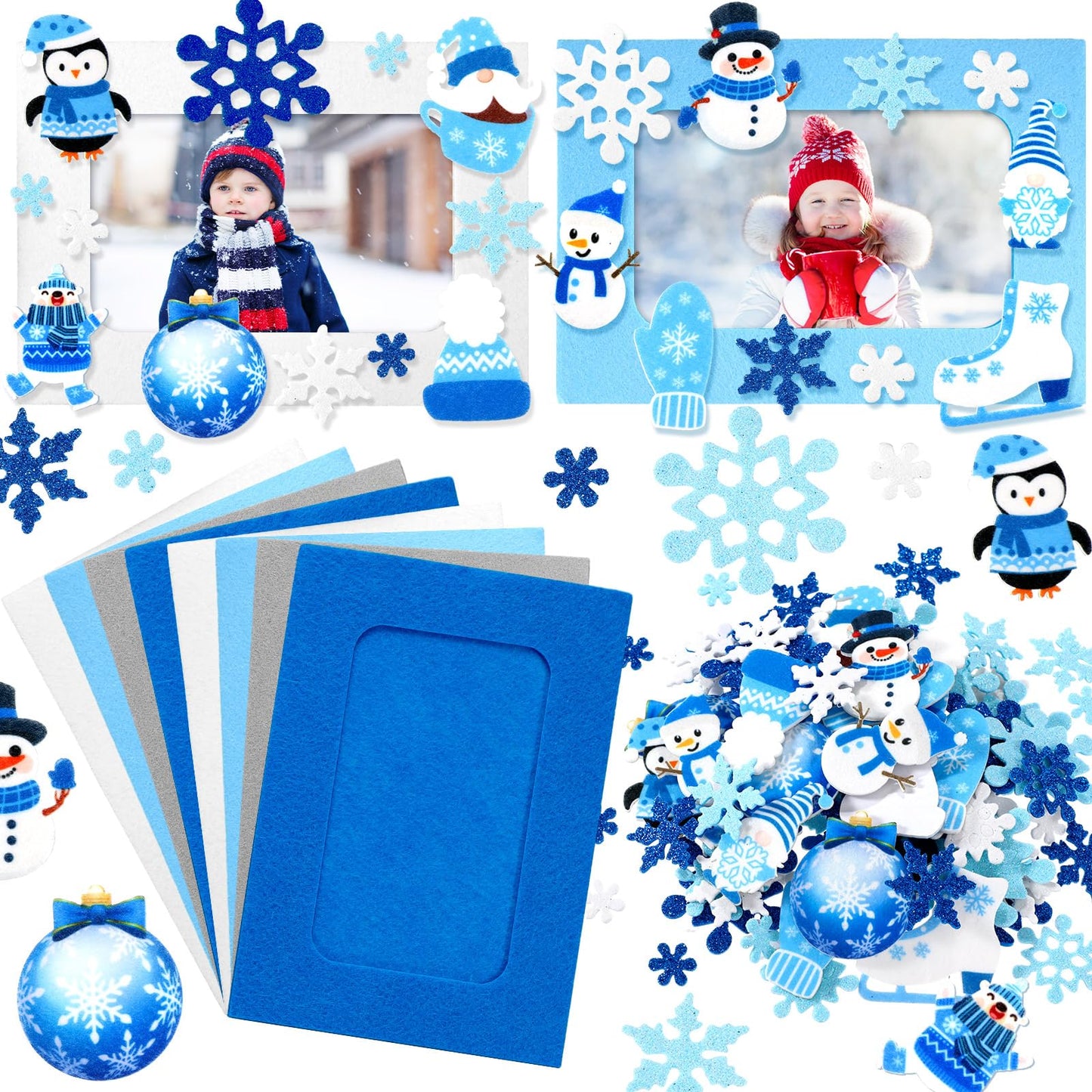 Ferraycle 232 Pieces Winter DIY Picture Frames Craft Kit for Kids 32 Pieces Winter Photo Frames with 200 Stickers to Decorate for Xmas Winter Party - WoodArtSupply