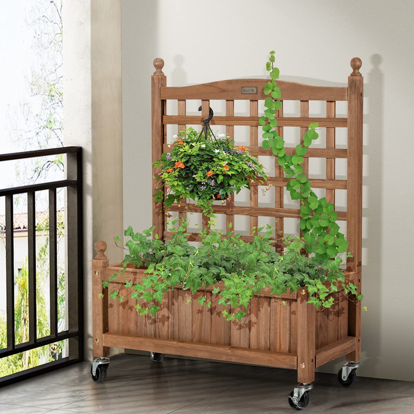 Giantex Mobile Plant Raised Bed, Wood Planter with Lattice Trellis and Wheels, Flower Box for Plant Climbing, Vertical Garden for Balcony Patio Yard - WoodArtSupply