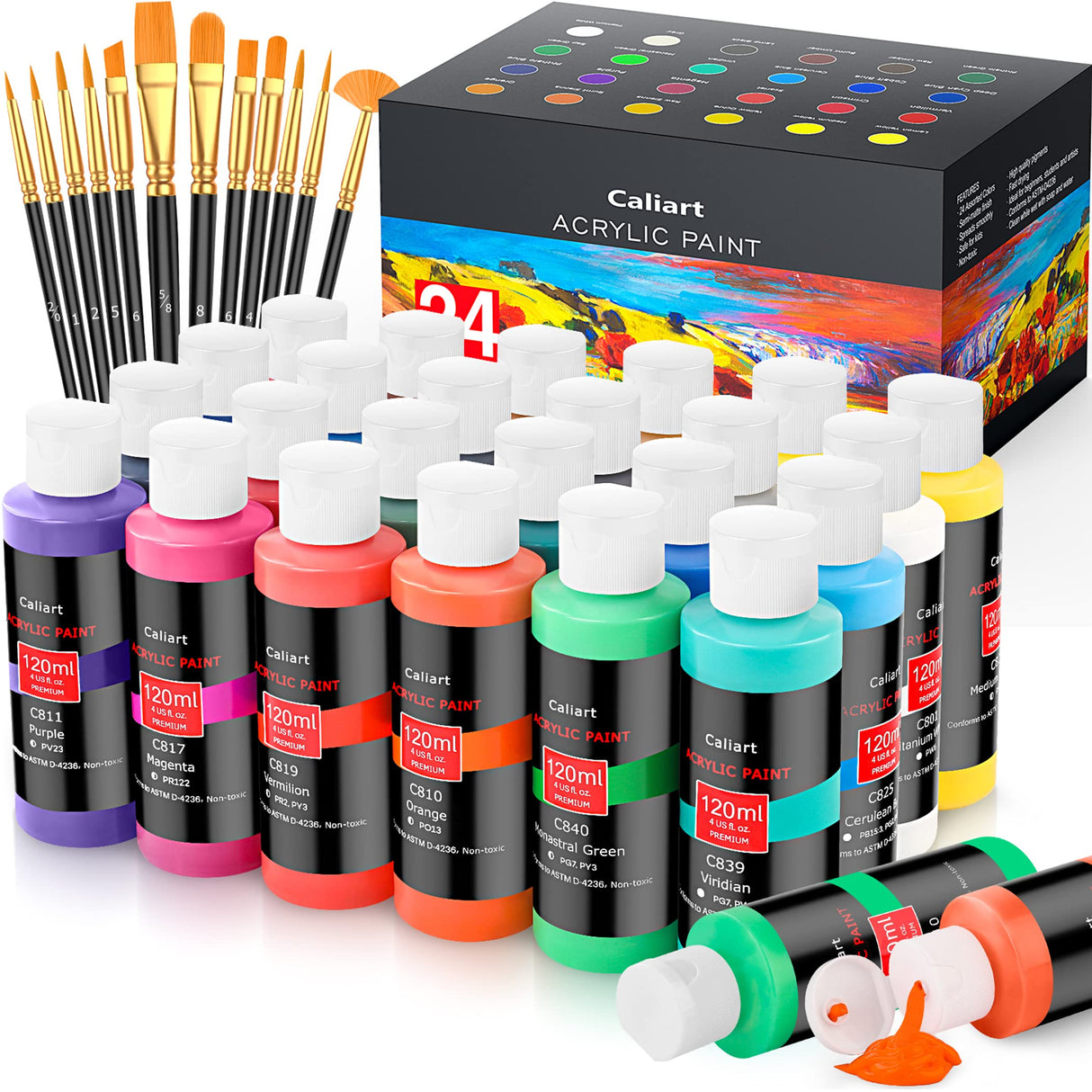 Caliart Acrylic Paint Set With 12 Brushes, 24 Colors (120ml, 4oz) Art Craft Paints for Artists Kids Students Beginners & Painters, Canvas Halloween Caliart