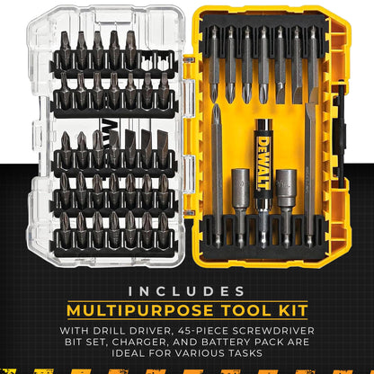 DeWalt 20V MAX Cordless Impact Driver and Drill Hand Tool Set Combo Kit with LED Flashlight, 45 Piece Drill Bit Set, and Battery Power Pack - WoodArtSupply