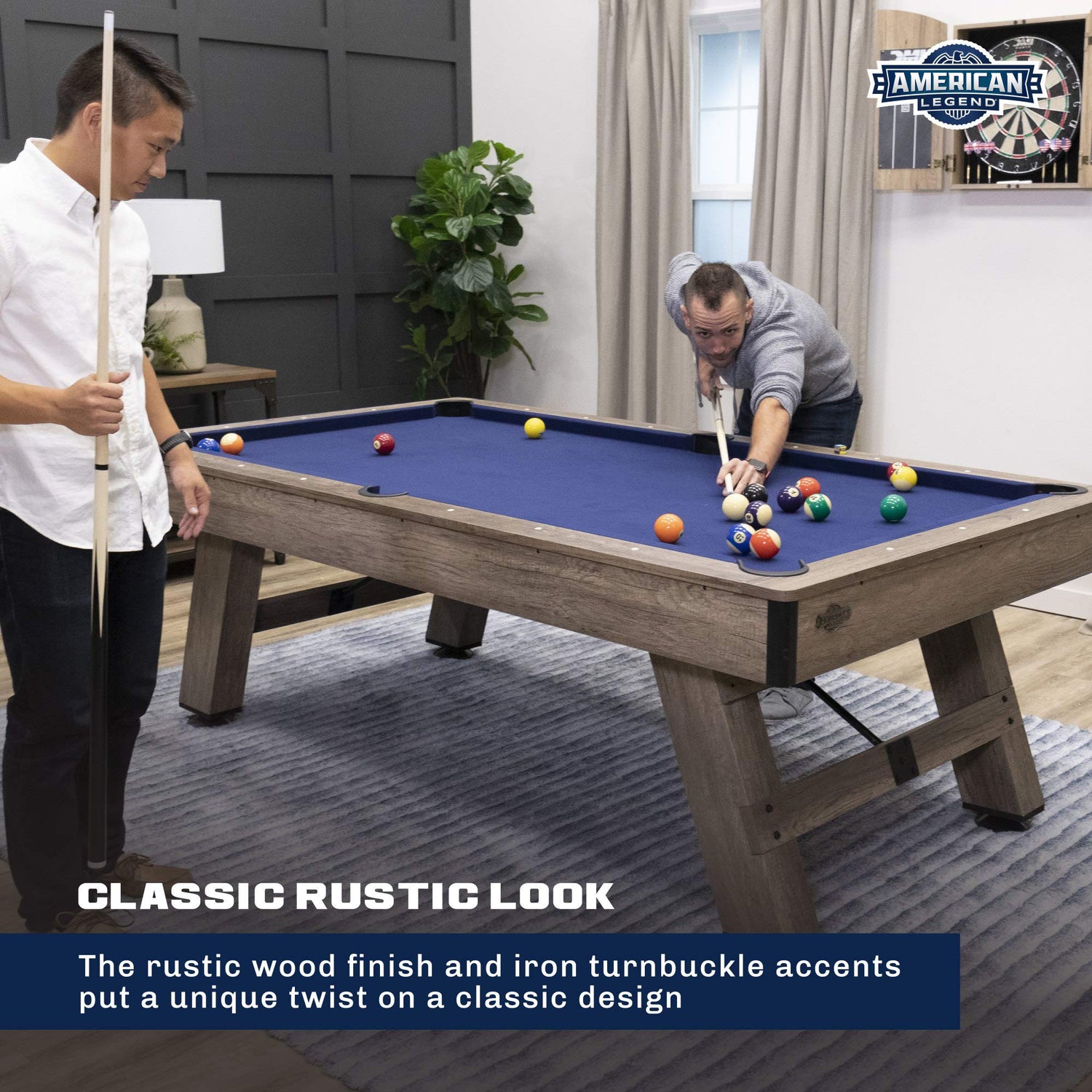 American Legend Brookdale 90” Billiard Table with Rustic Wood Finish and Navy Blue Cloth American Legend