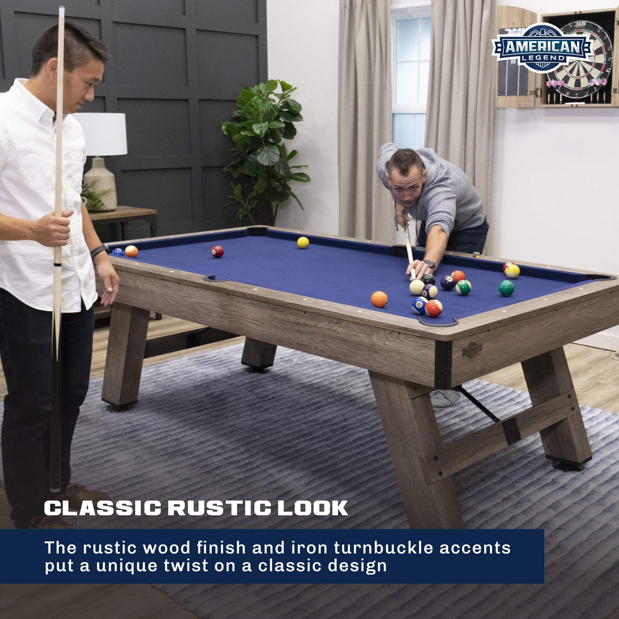 American Legend Brookdale 90” Billiard Table with Rustic Wood Finish and Navy Blue Cloth American Legend