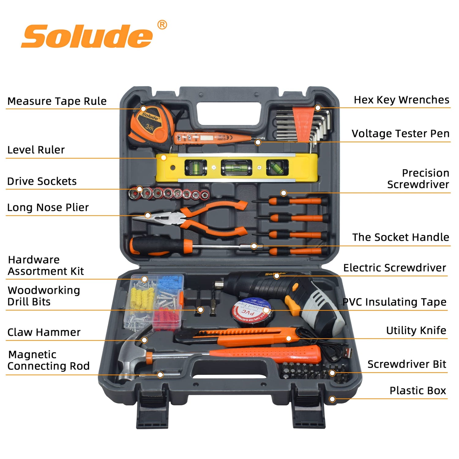 SOLUDE 130-Piece Home Tool Kit with 3.6V Cordless Rechargeable Screwdriver,Basic Women's Tool Set for New Home,Apartment,Dorm & DIY Projects SOLUDE