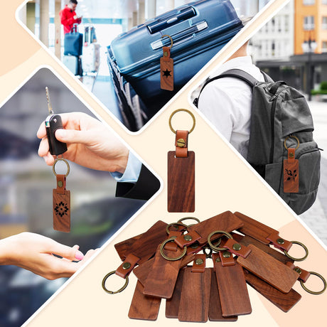 50 Pcs Leather Keychain Blanks Wooden Keychain Blanks Wood Keychain Blank Unfinished Wood Tags with Leather Strap Keyring (Walnut) Sasylvia