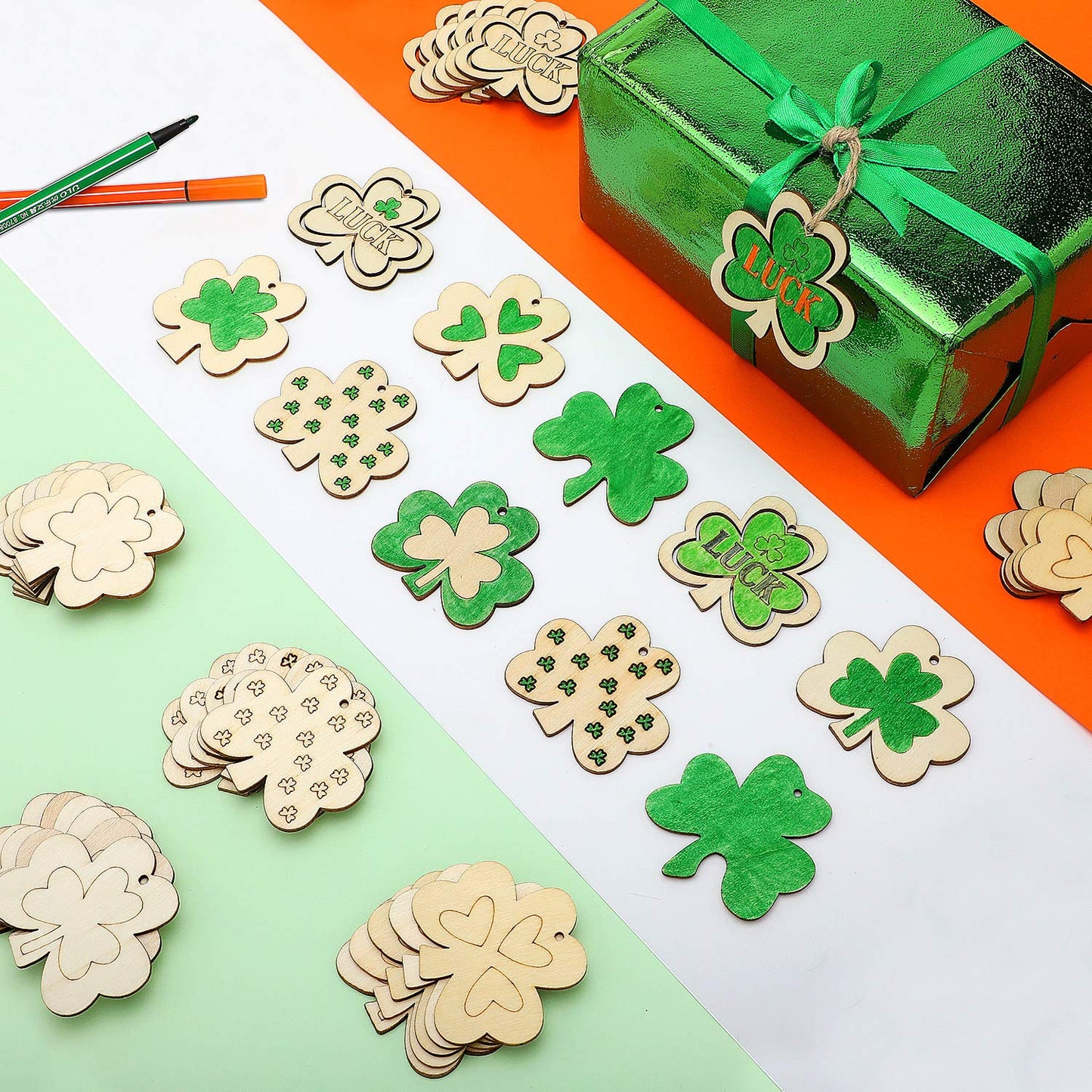 90 Pieces Shamrock Wooden Ornaments St. Patrick's Day Unfinished Wooden Ornaments Clover Shape Wood Cutouts Wood Embellishments with 90 Pieces Twines